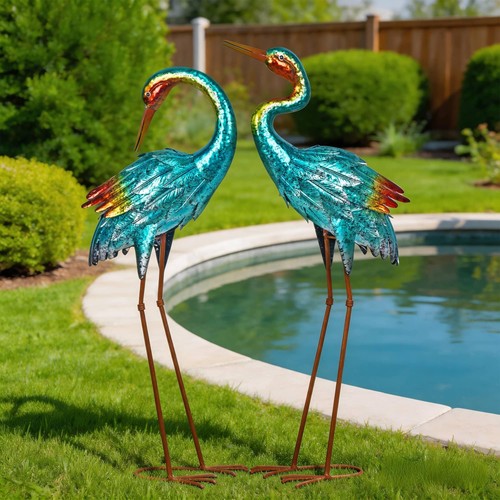 Metal blue heron garden crane - garden,